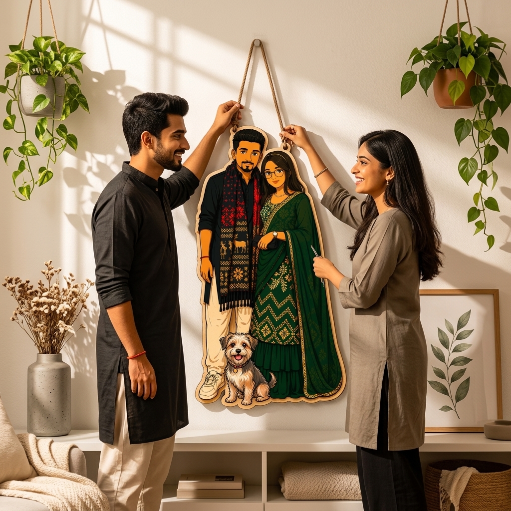 Couple hanging a personalized wall art